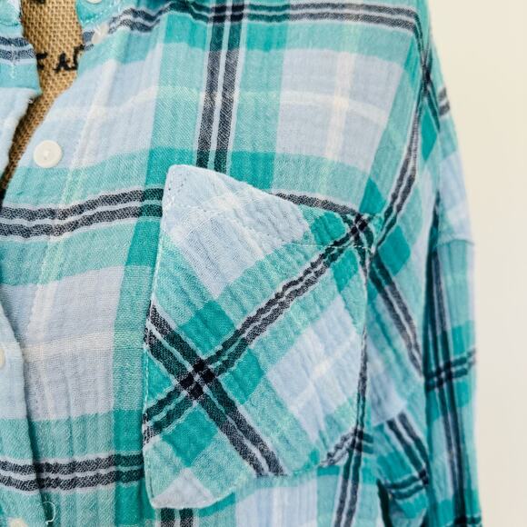 Anthropologie Sanctuary Plaid Gauzy Cotton Turquoise Boxy Button Up Shirt Small - Picture 2 of 11